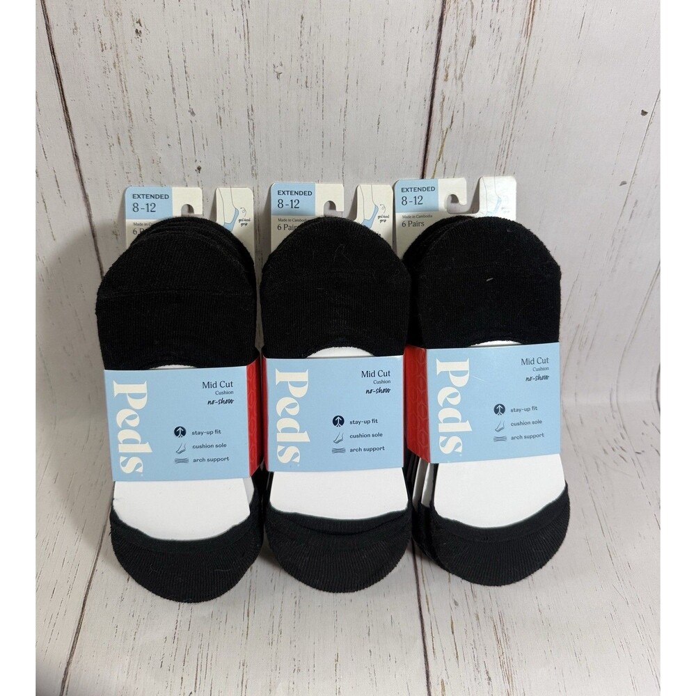 Peds Mid Cut Cushion No Show No Slip Socks Size 8-12 Black 3 Packs 18 Pairs